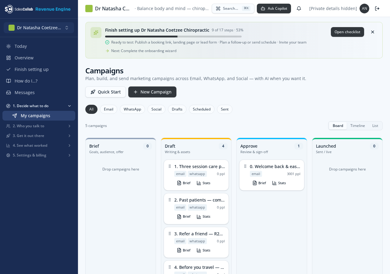 Campaigns & content — real Revenue Engine screen in Dr Natasha’s workspace