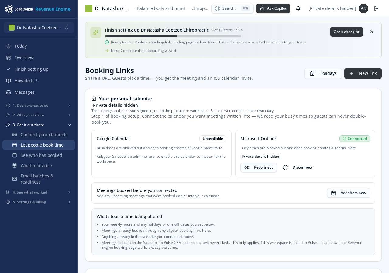 Bookings & follow-ups — real Revenue Engine screen in Dr Natasha’s workspace