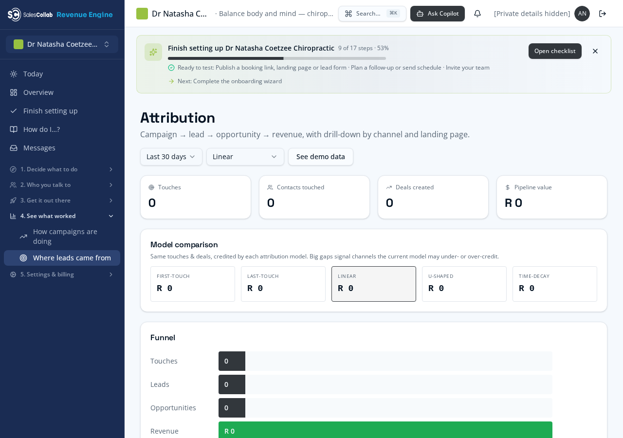 Measurement & attribution — real Revenue Engine screen in Dr Natasha’s workspace