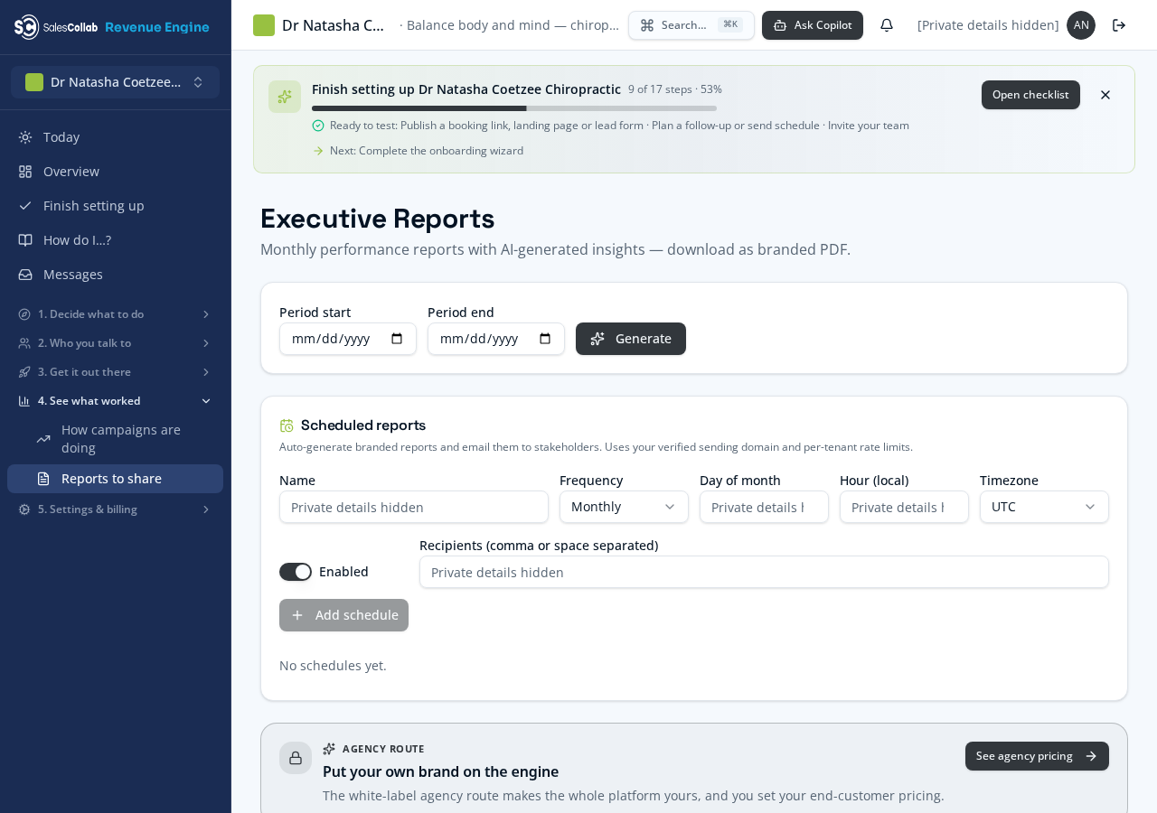 Reports & business control — real Revenue Engine screen in Dr Natasha’s workspace